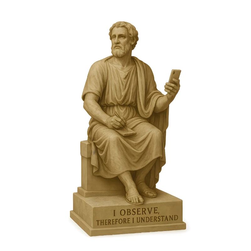 Antiker Philosophenstatue mit Smartphone