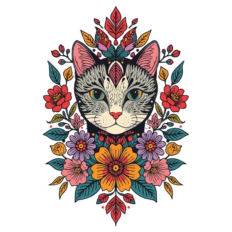 Tête de chat dans une couronne de fleurs