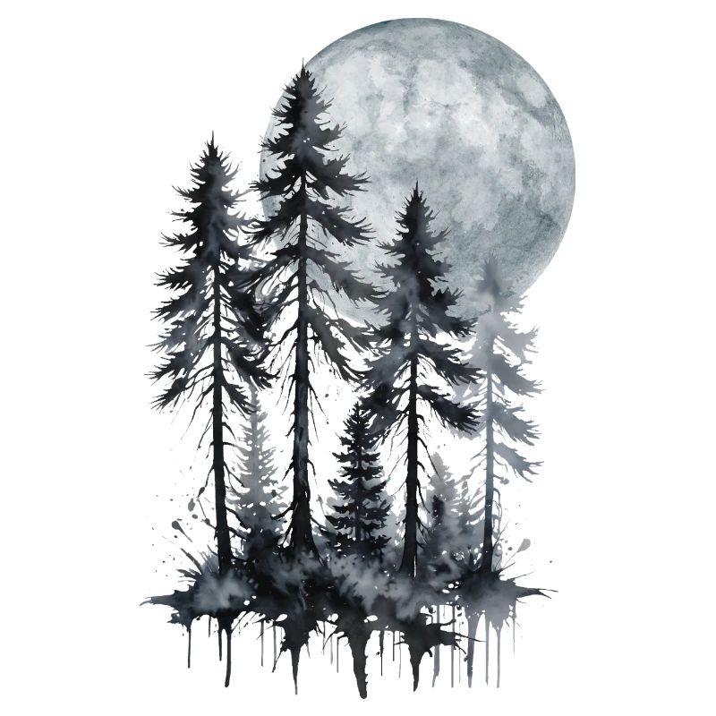 Mondschein Wald Aquarell Silhouette