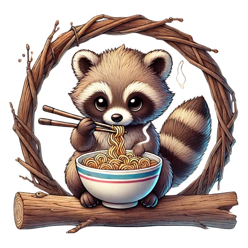 raton laveur mignon mangeant des nouilles ramen