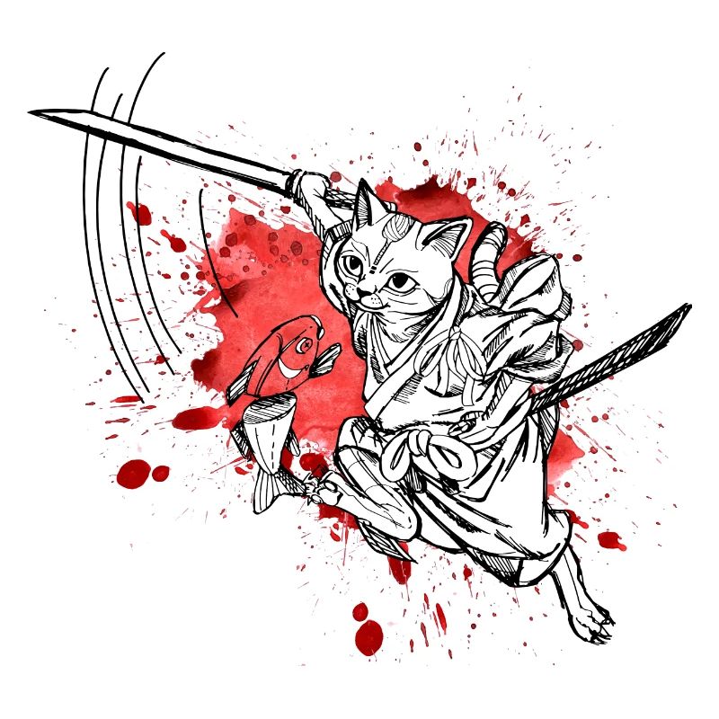 Chat samouraï mignon avec épée et poisson, éclaboussures