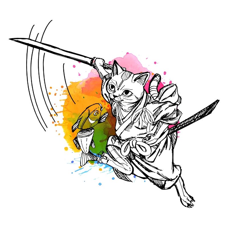 Chat samouraï mignon avec épée et poisson, couleurs