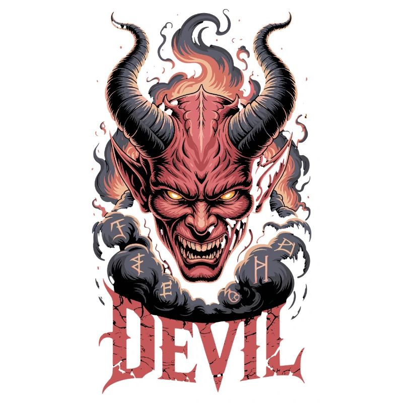Devil Demonic Head with Horns Flames Runes