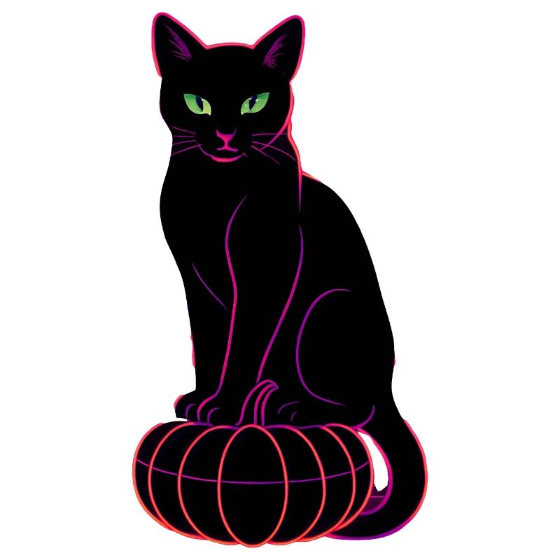 Neonkatze auf schwarzem Kürbis