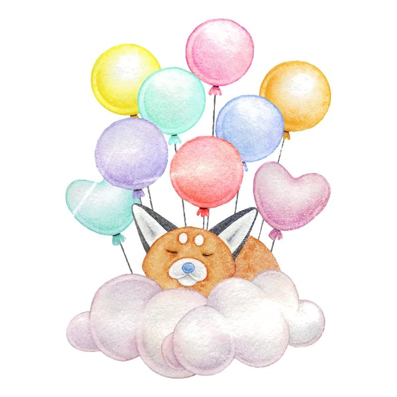 Dreaming fox on cloud with balloons