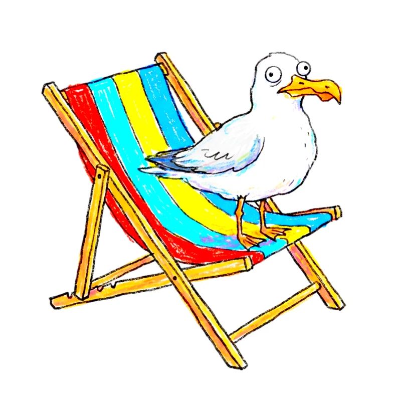 Seemöwe auf buntem Strandstuhl