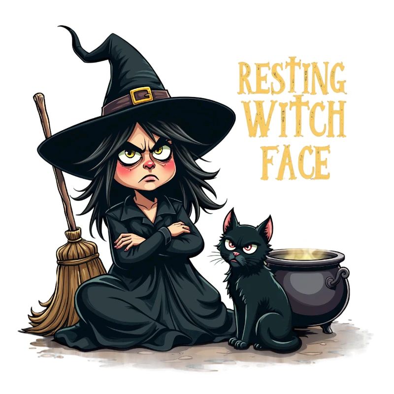 Resting Witch Face Cute Witch with Cat and Broom