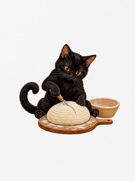 Katze schneidet Sauerteigbrot ein