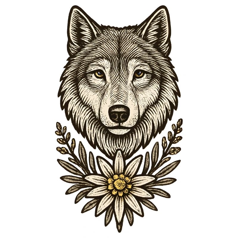 Wolfskopf mit Edelweiß
