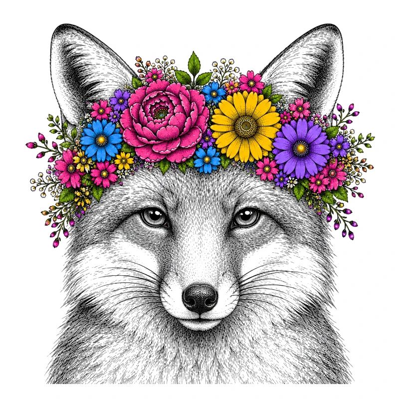 Fox head with flower wreath
