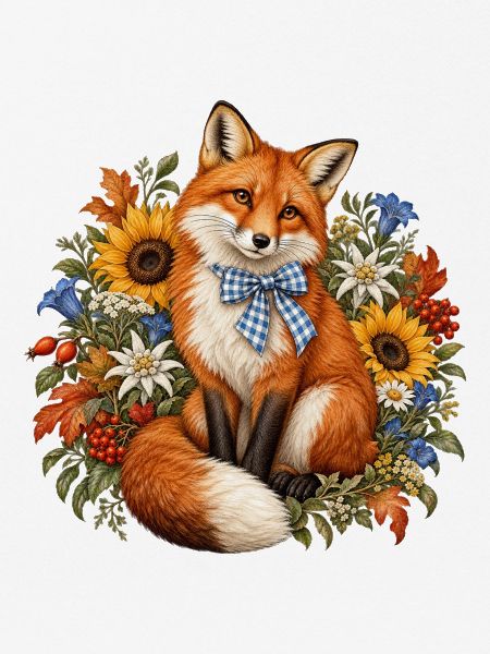 Fuchs mit Trachtenschleife & Alpenblumen