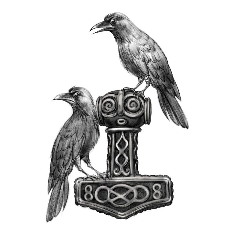 Thor Hammer Mjölnir with Odin Ravens Hugin and Munin