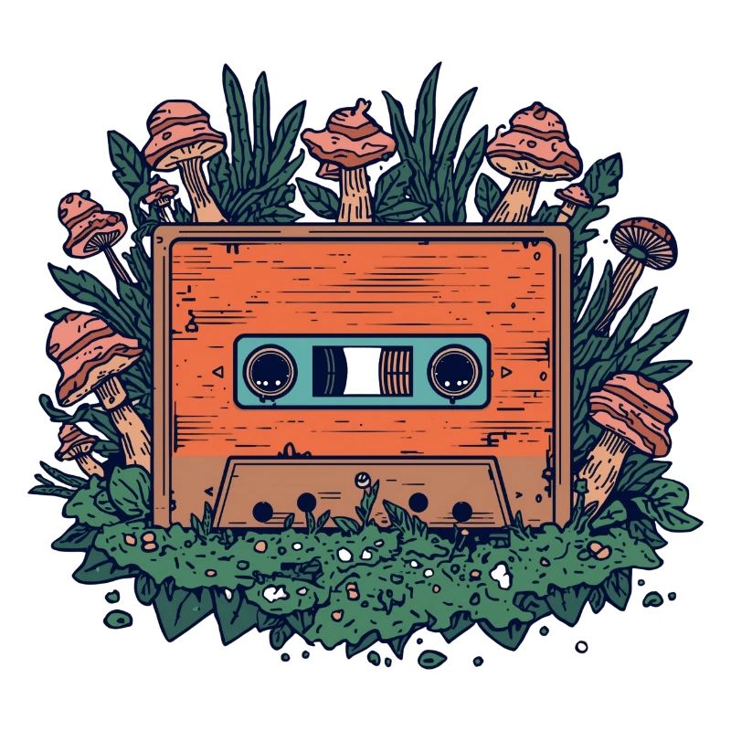 Retro-Kassette und Waldpilze
