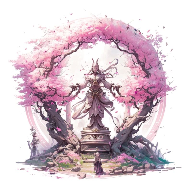 Statue unter einem Kirschblütenbaum