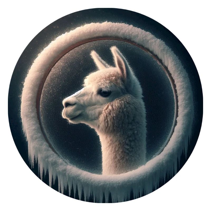 Alpaca looking through windows of ice