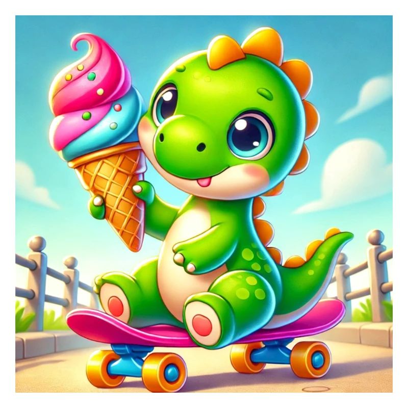 Dino mit Eiswaffel sitzt auf einem Skateboard