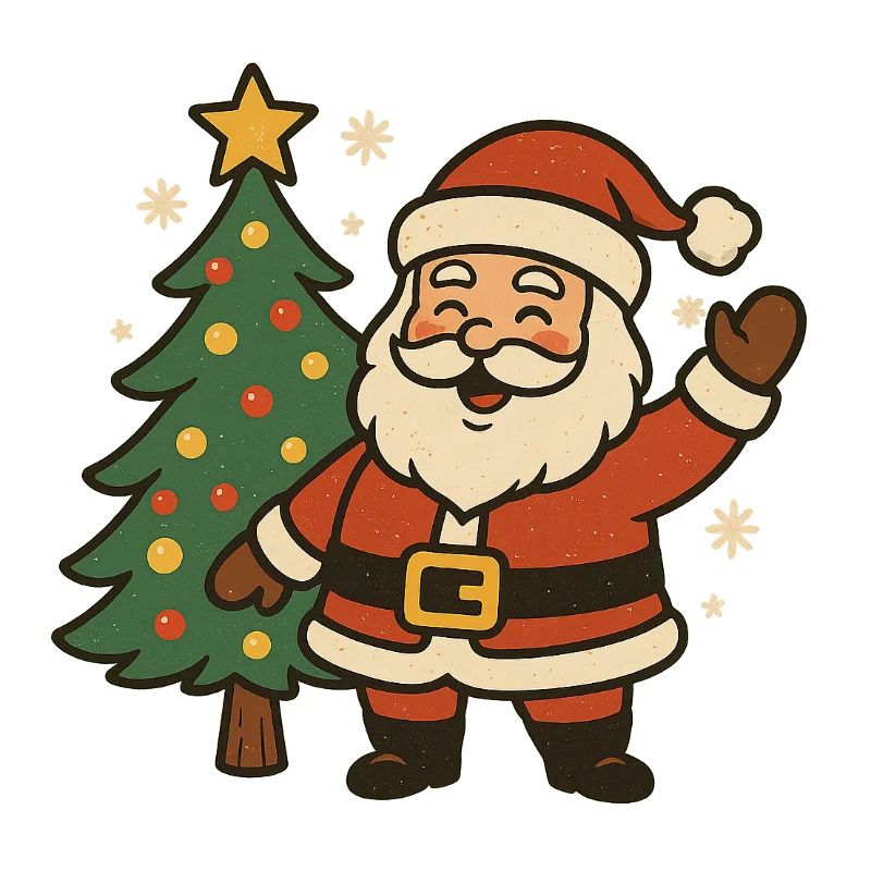 Fröhlicher Weihnachtsmann neben Baum