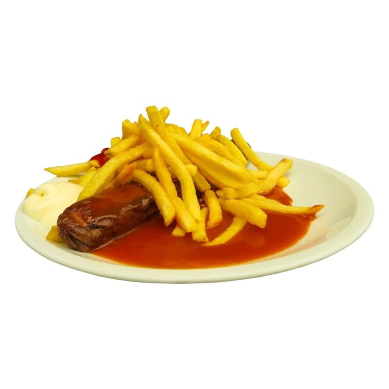 Currywurst med pommes frites