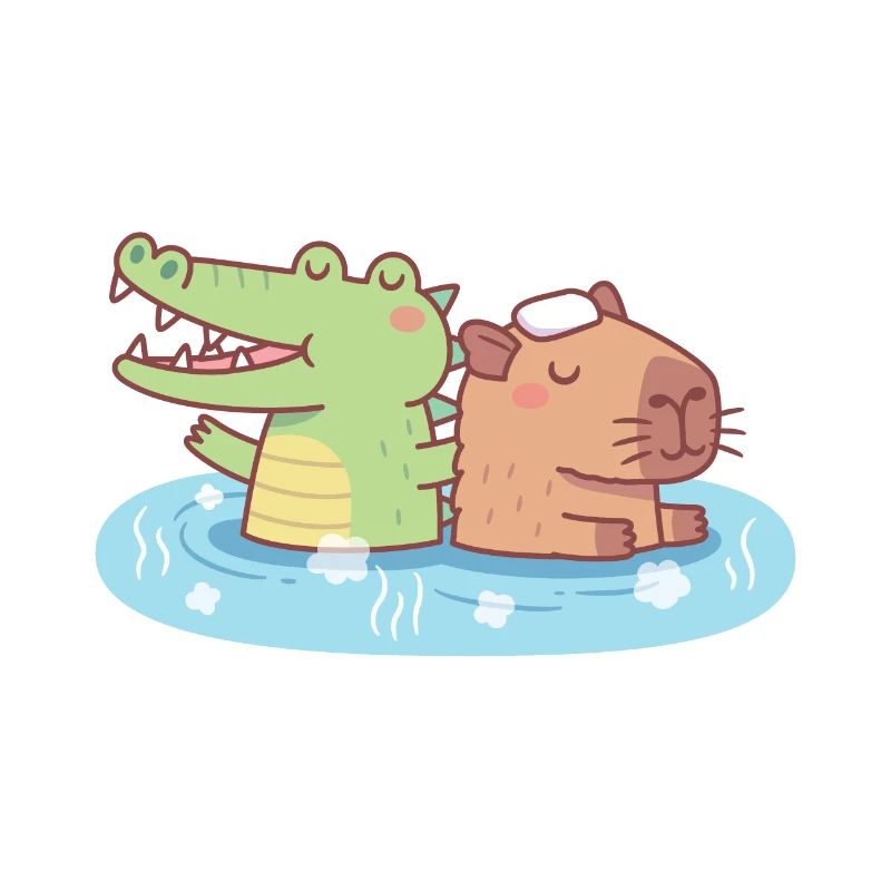 Mignon Capybara et crocodile se refroidissant dans une source chaude