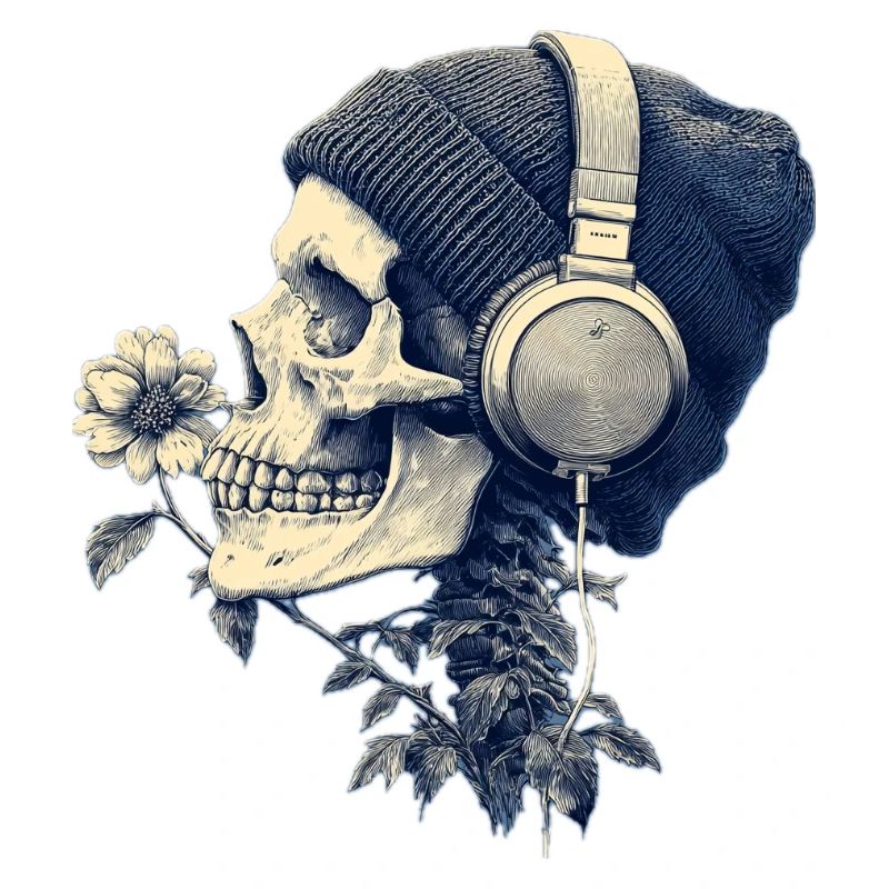 Crâne avec casque et fleurs