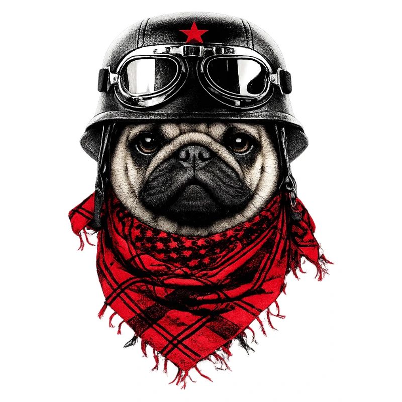 Kämpferischer Mops im Pilotenlook