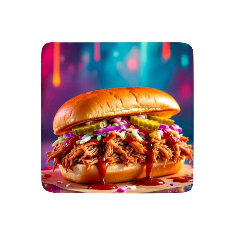 Juicy pulled pork burger surrounded by explosive