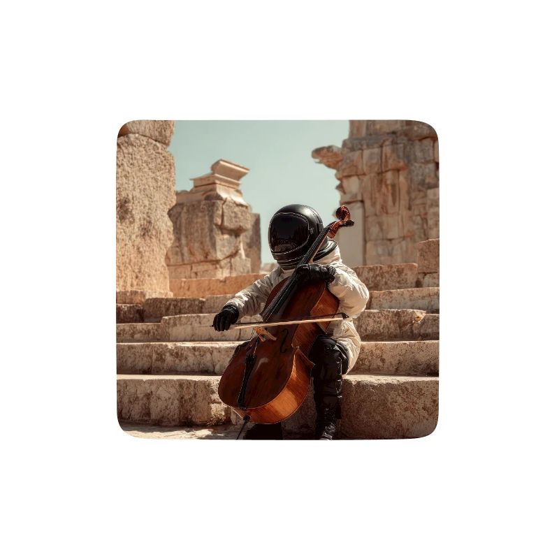 Futuristic Astronaut Playing Cello on Ancient Step