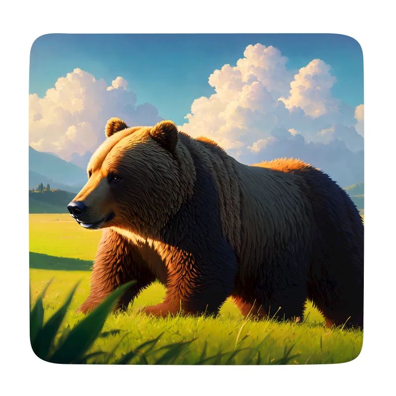 Cute Brown Bear Artwork with Straw Hat Meadow Art