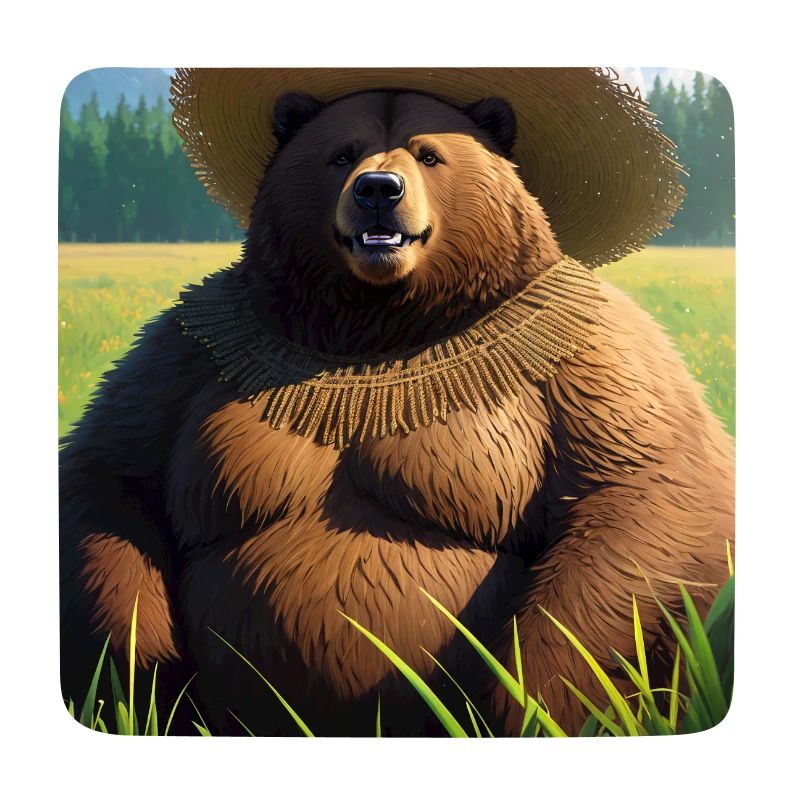 Cute Brown Bear Artwork with Straw Hat Meadow Art
