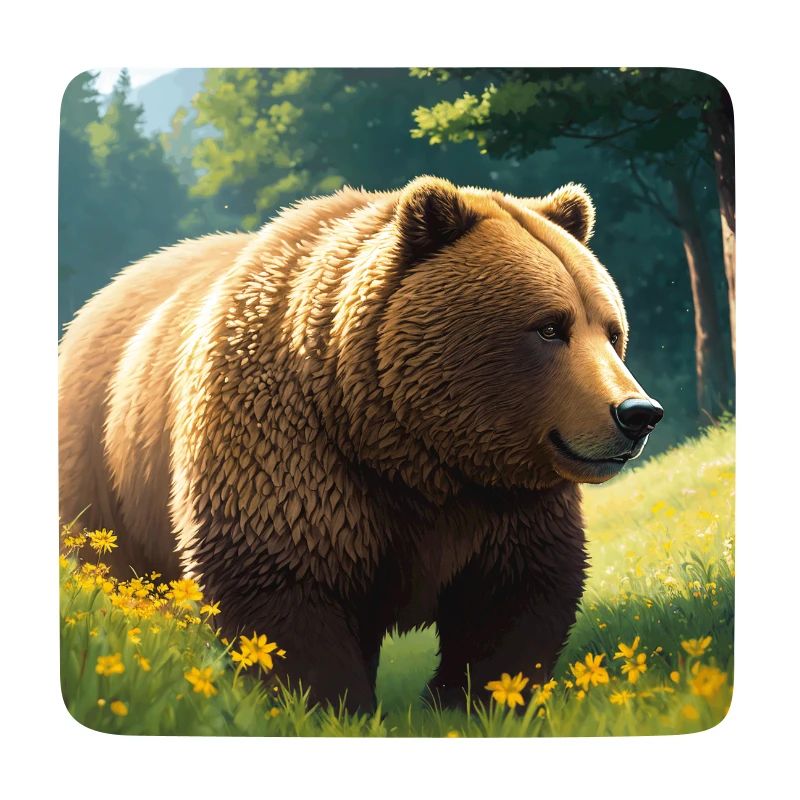 Cute Brown Bear Artwork with Straw Hat Meadow Art
