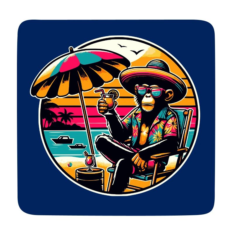 Cool chimpanzee with straw hat on the beach