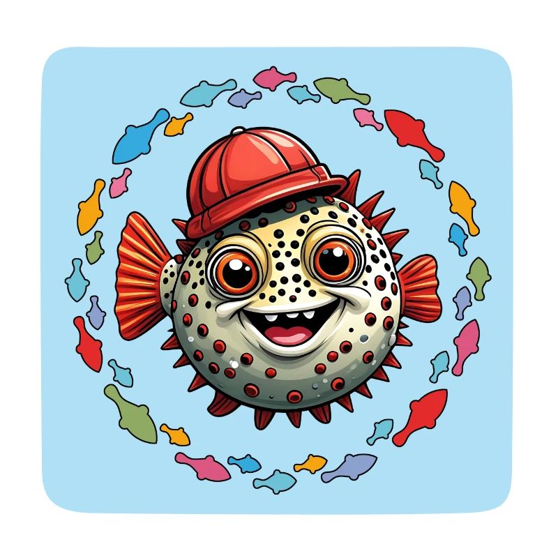 Puffer fish with red baseball cap and colorful fish