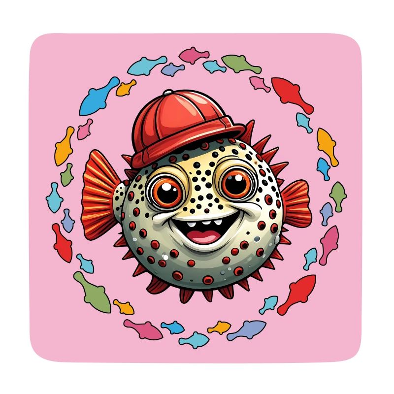 Puffer fish with red baseball cap and colorful fish