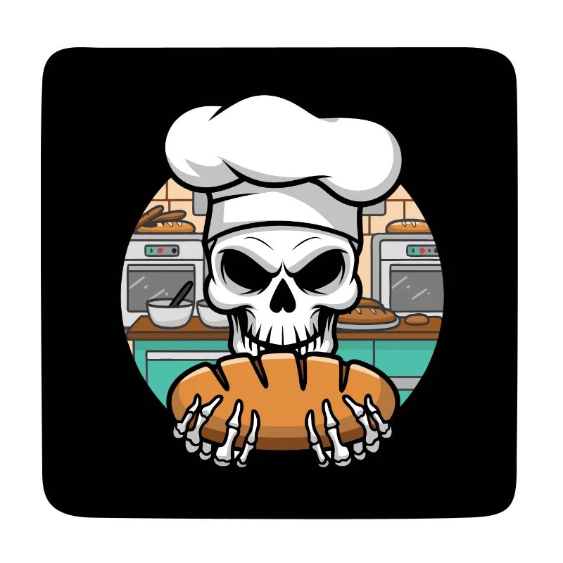 Skull with baker's hat and bread in the bakery