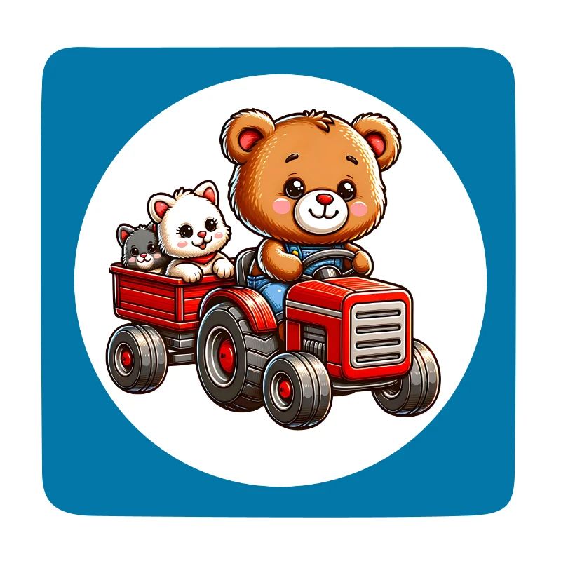 Teddy bear and kitten driving tractor with trailer