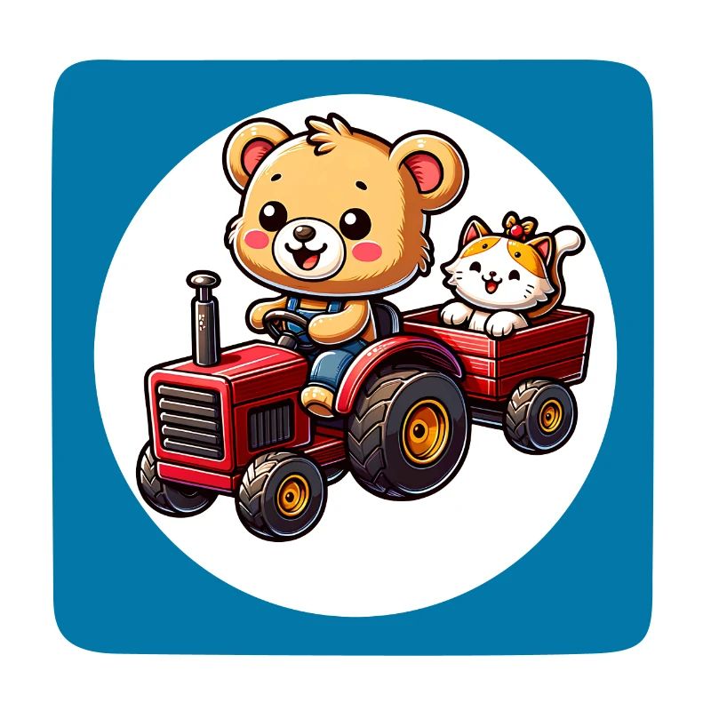 Teddy bear and kitten driving tractor with trailer