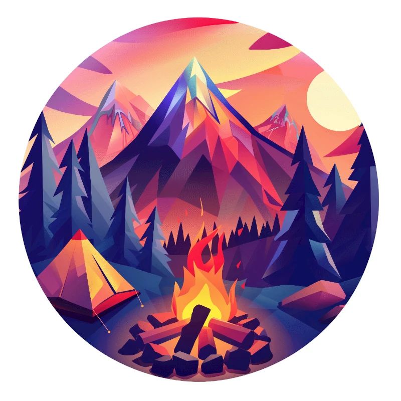 Retro Camping Design – Tente Low Poly et feu de camp