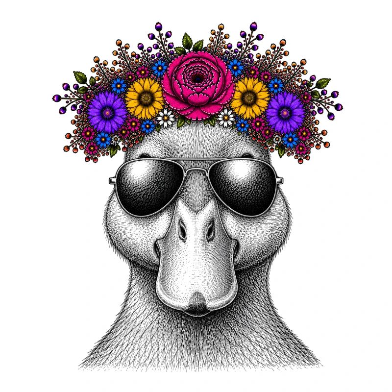 Ente mit Blumenkrone und Sonnenbrille