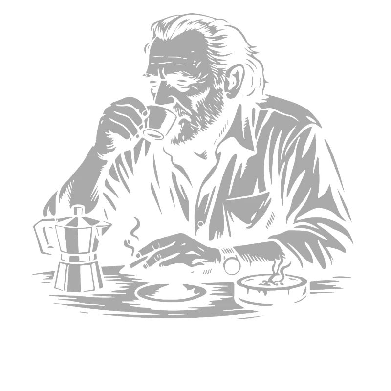 Charles Bukowski drinking coffee at the cafe