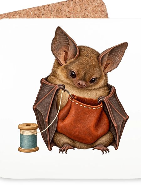 Fledermaus näht einen Lederbeutel