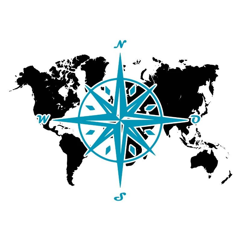 Windrose oder Kompassrose mit schwarzer Weltkarte