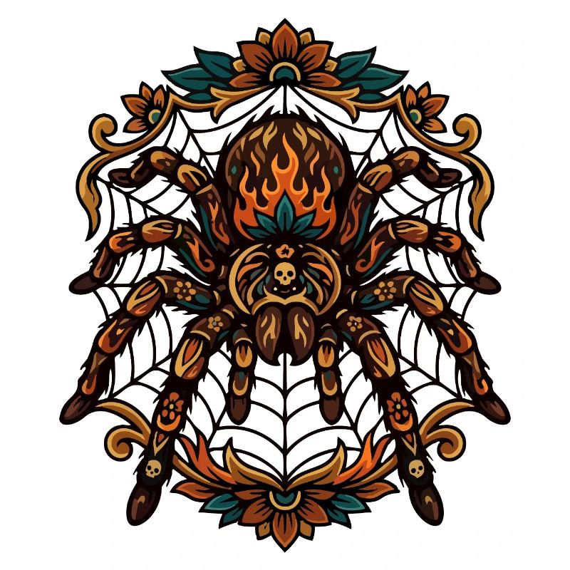 Tarantula Fire Flames Spider Web Pattern Motif