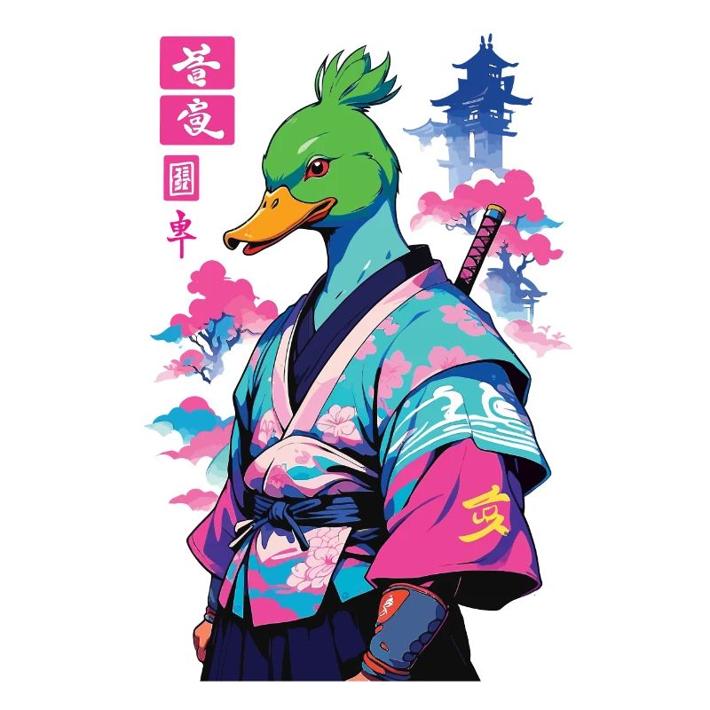 Samurai Duck in Aesthetic Vaporwave Style