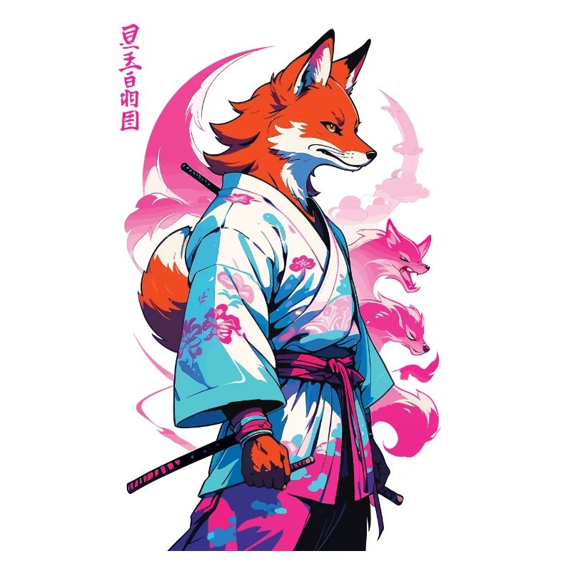 Kitsune Samurai Fox Aesthetic Vaporwave Style