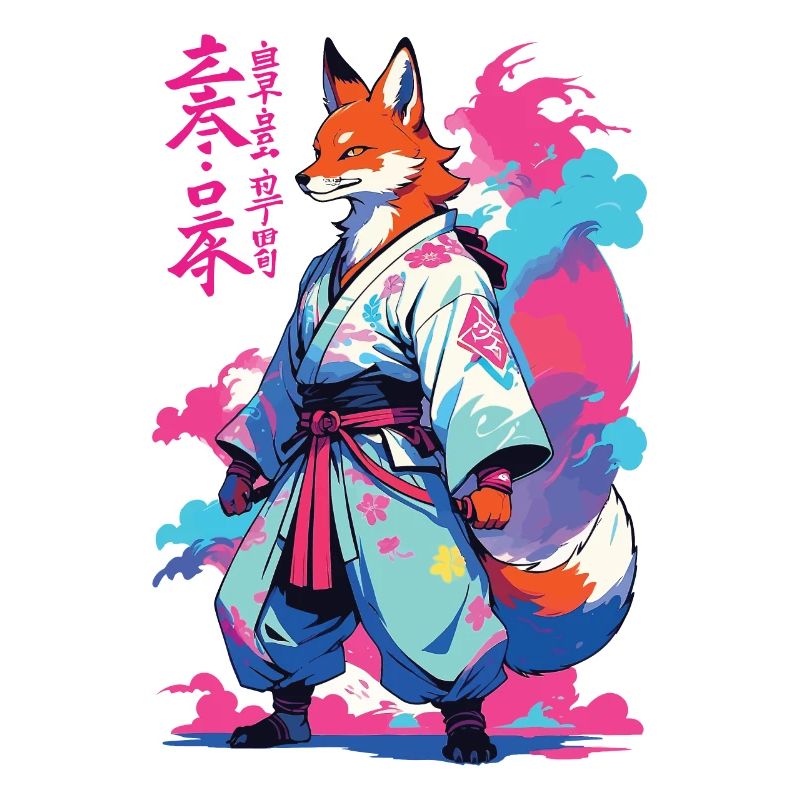 Kitsune Samurai Fox Esthétique Style Vaporwave