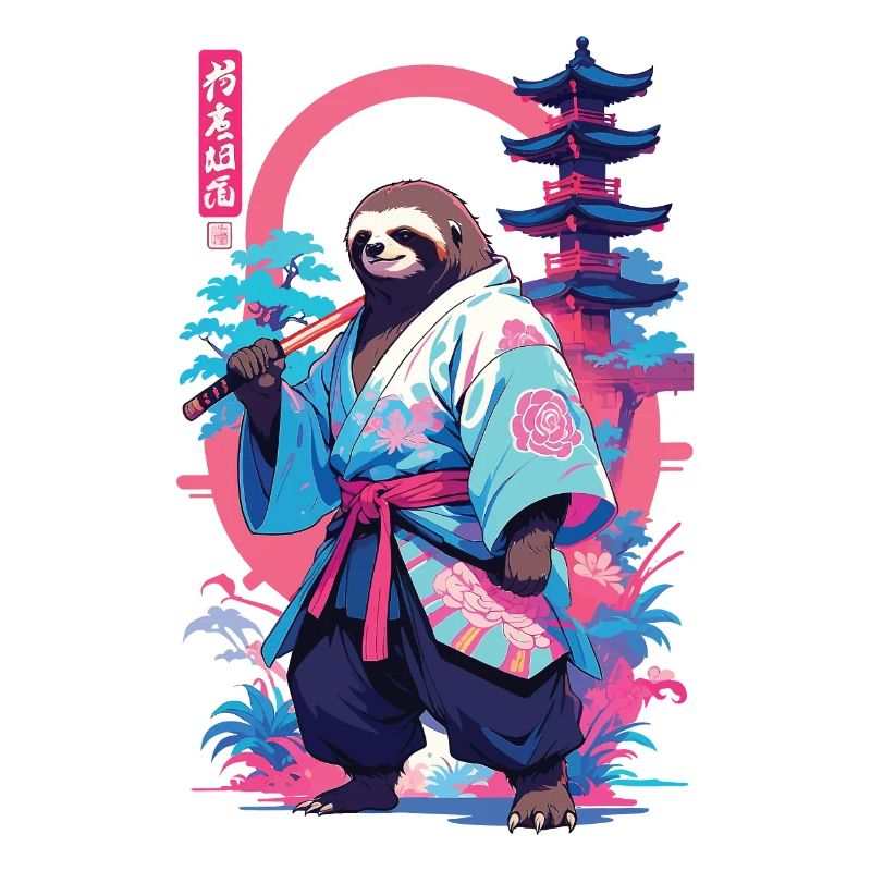 Samurai Sloth Aesthetic Vaporwave Style