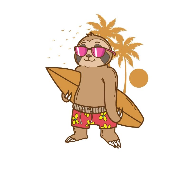 Sloth lazy on the beach with surfboard