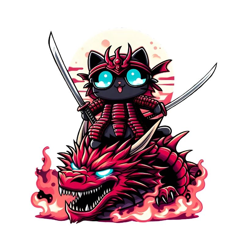 Chat samouraï avec épée sur dragon dans une bataille épique 3D