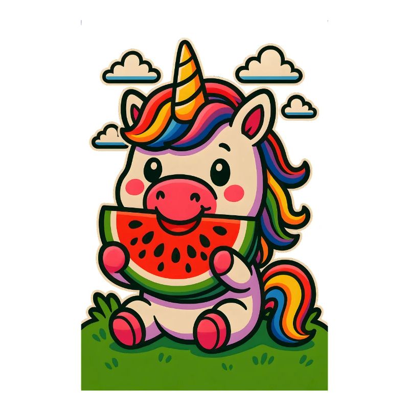 Regenbogen-Einhorn isst Wassermelone