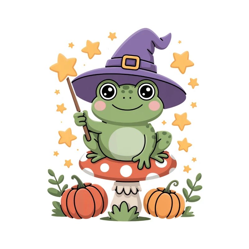 Cute witch frog on toadstool with magic wand
